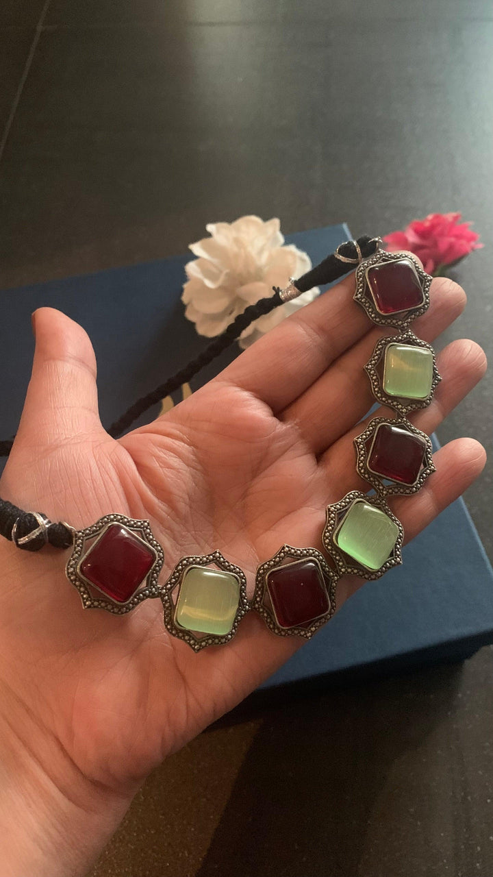 Statement Multicoloured Stones Necklace with Studs - SHIVKA
