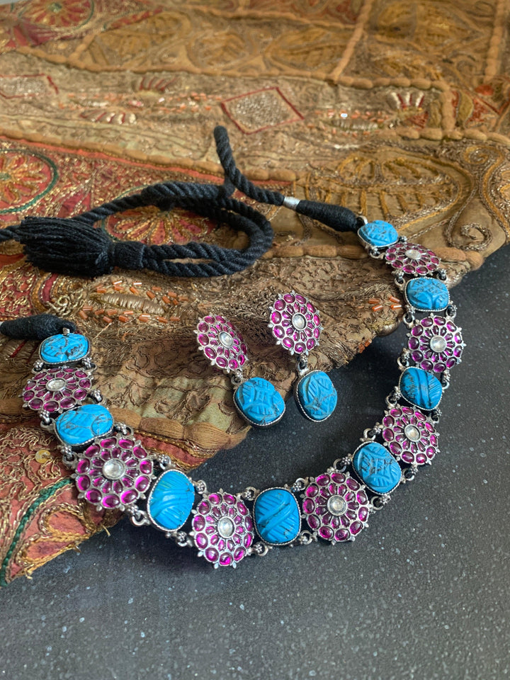 Pure 925 Silver Turquoise Kemp Necklace with Earrings - SHIVKA