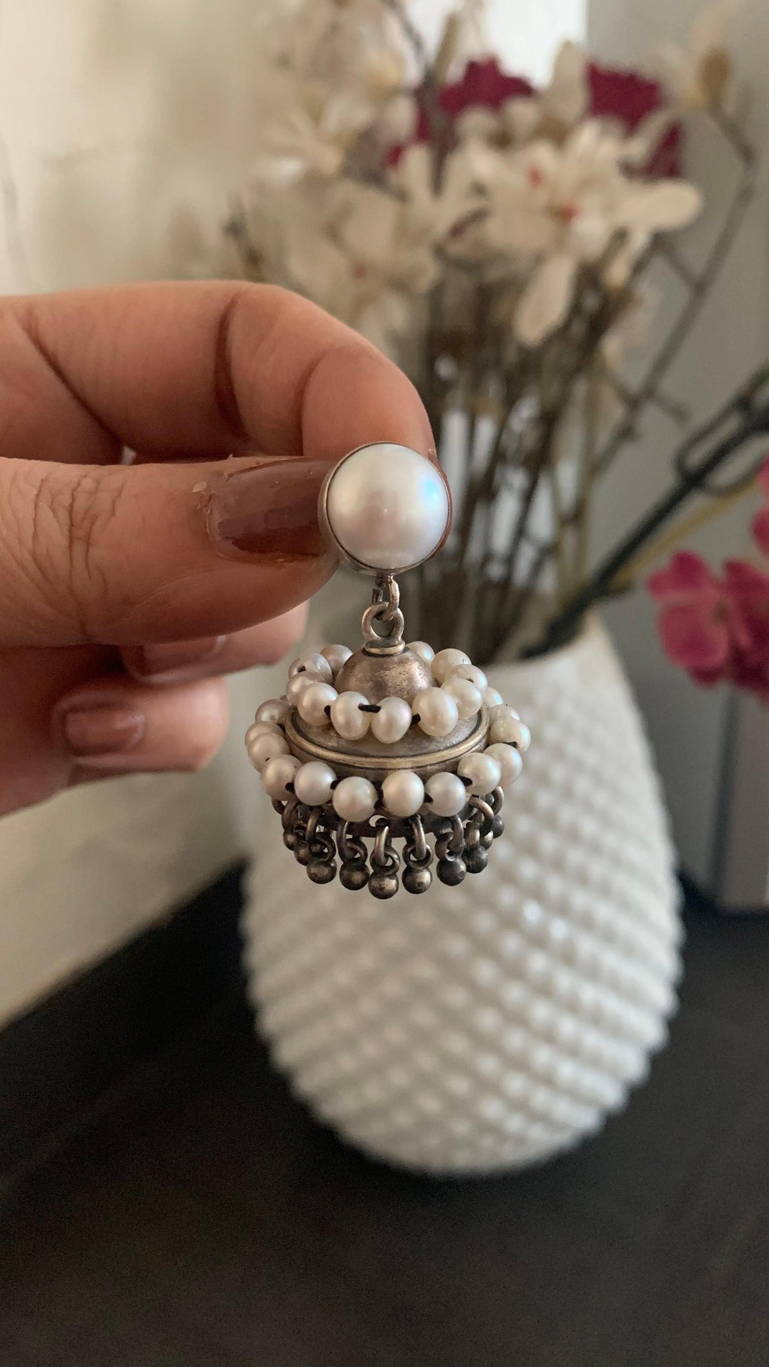 Vintage Pure 925 Silver Pearl Jhumki Earrings - SHIVKA