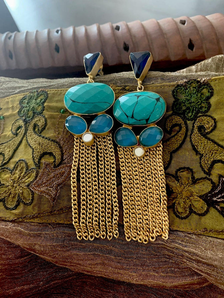 Turquoise Tasseled Danglers - SHIVKA