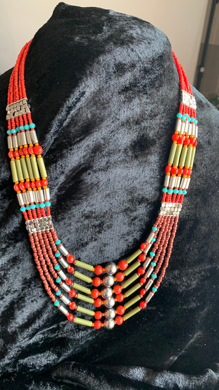 Trendy Coral Necklace with Enamelled Dome Jhumkas - SHIVKA