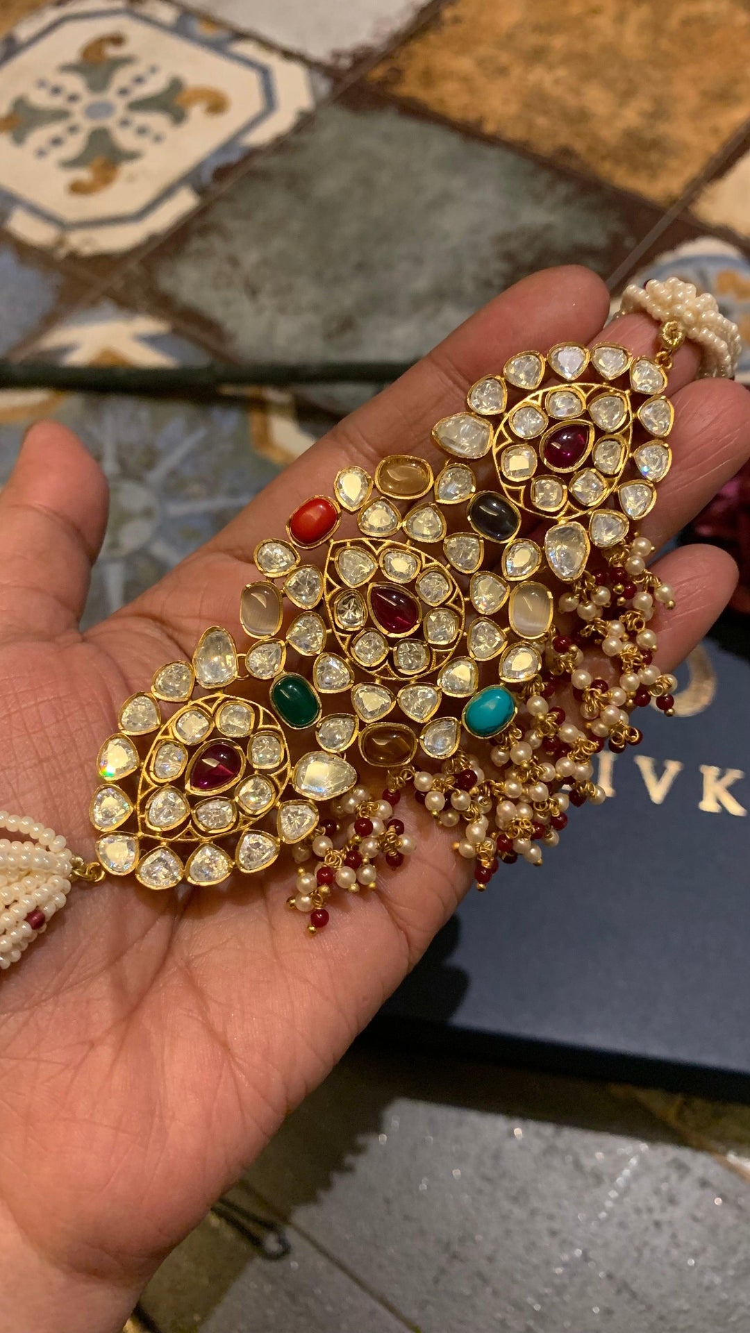 Scintillating Navratna Kundan Choker with Earrings - SHIVKA