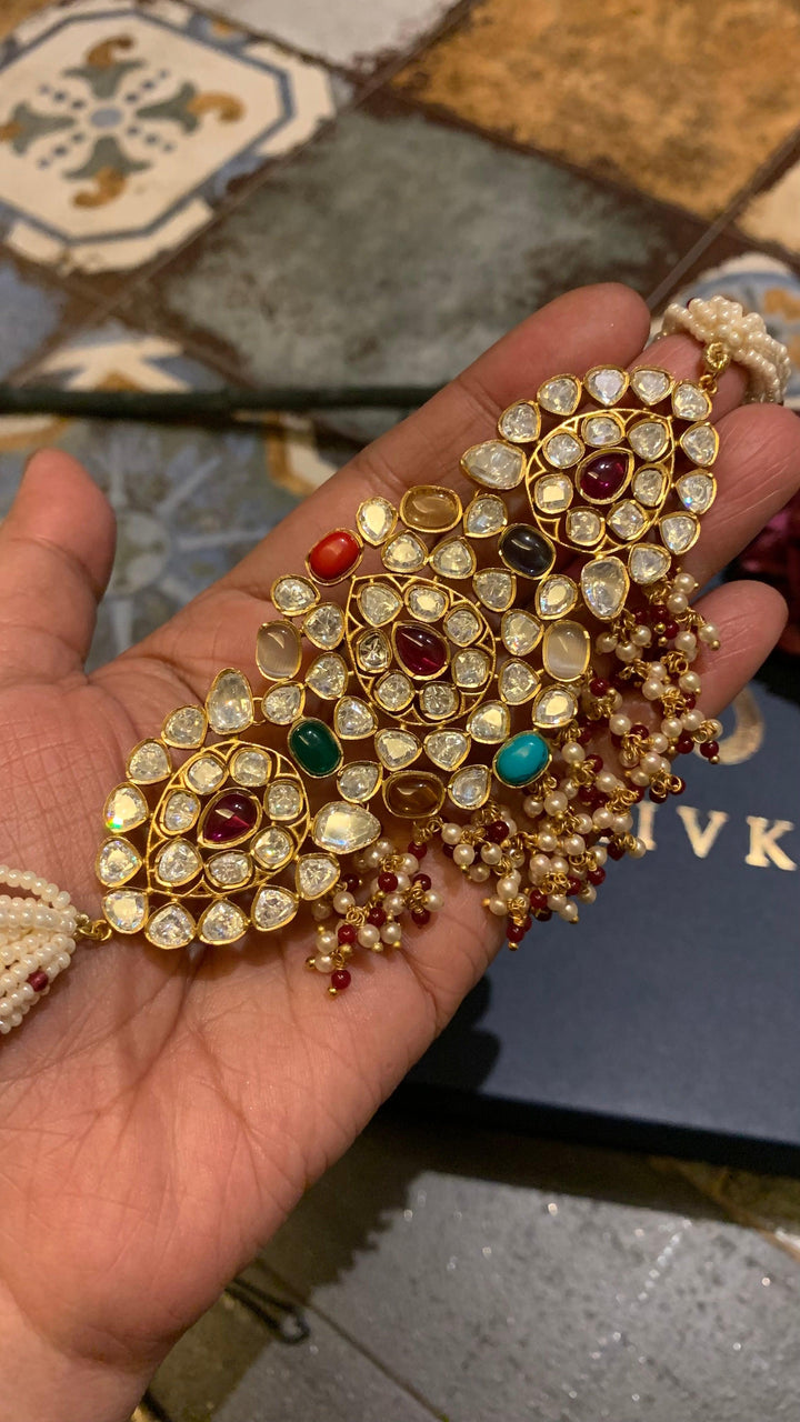 Scintillating Navratna Kundan Choker with Earrings - SHIVKA