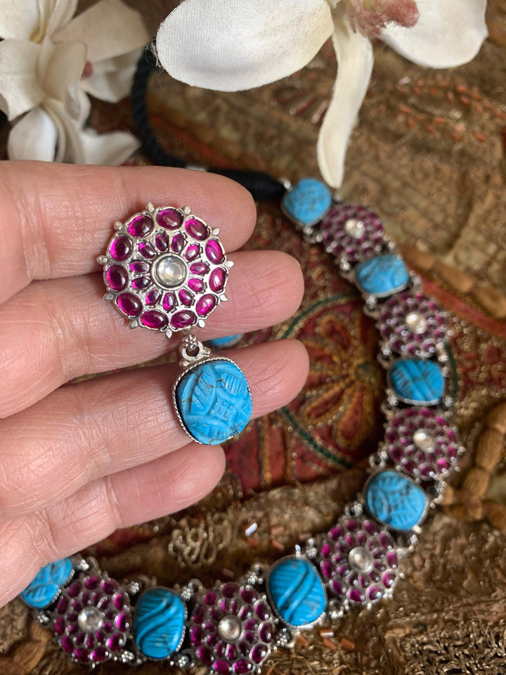 Pure 925 Silver Turquoise Kemp Necklace with Earrings - SHIVKA