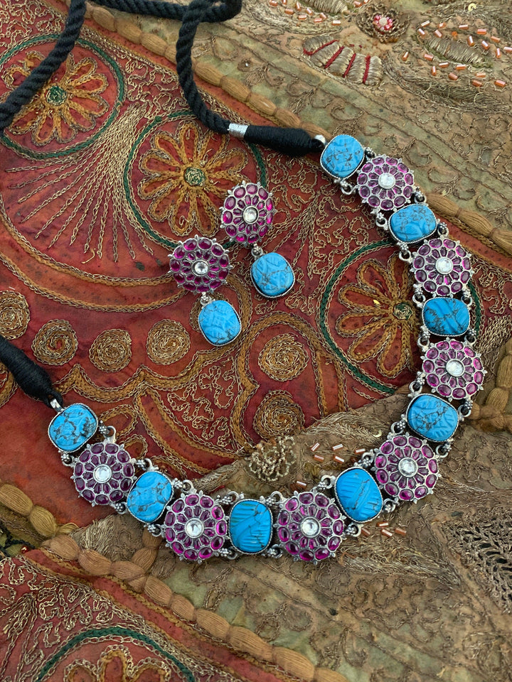 Pure 925 Silver Turquoise Kemp Necklace with Earrings - SHIVKA