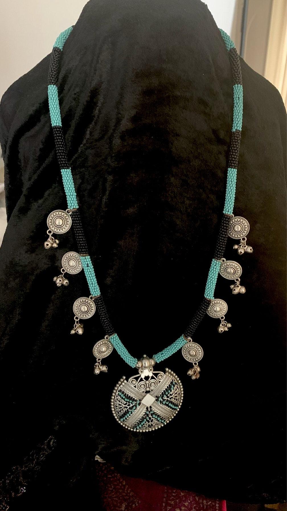 Turquoise and Black Tribal Pendant Long Necklace - SHIVKA