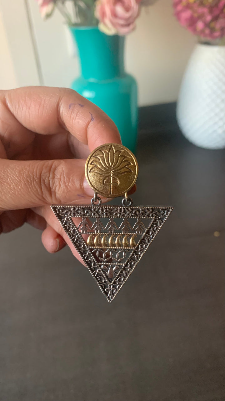 Dual Tone Lotus Triangular Earrings