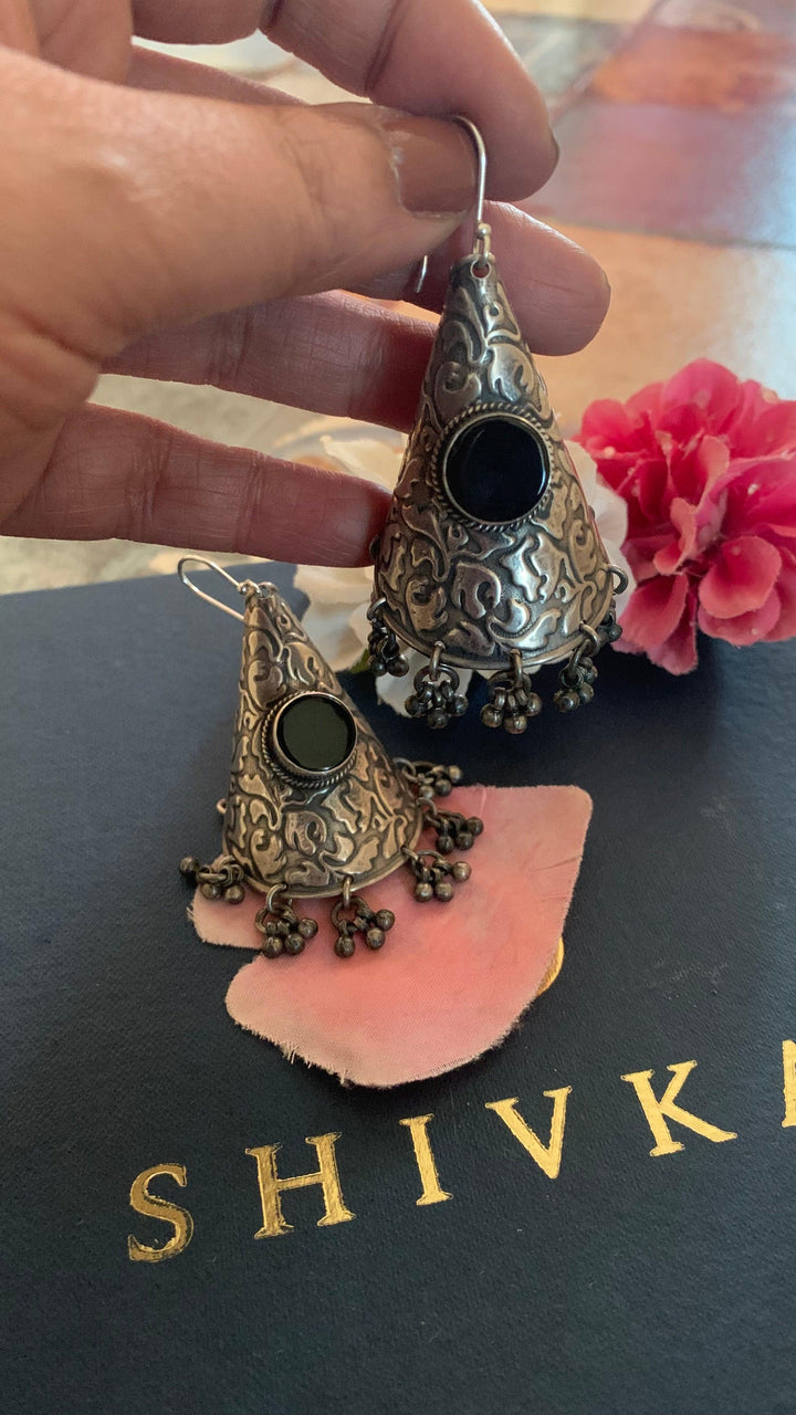 Vintage Pure 925 Silver Black Onyx Cone Earrings - SHIVKA