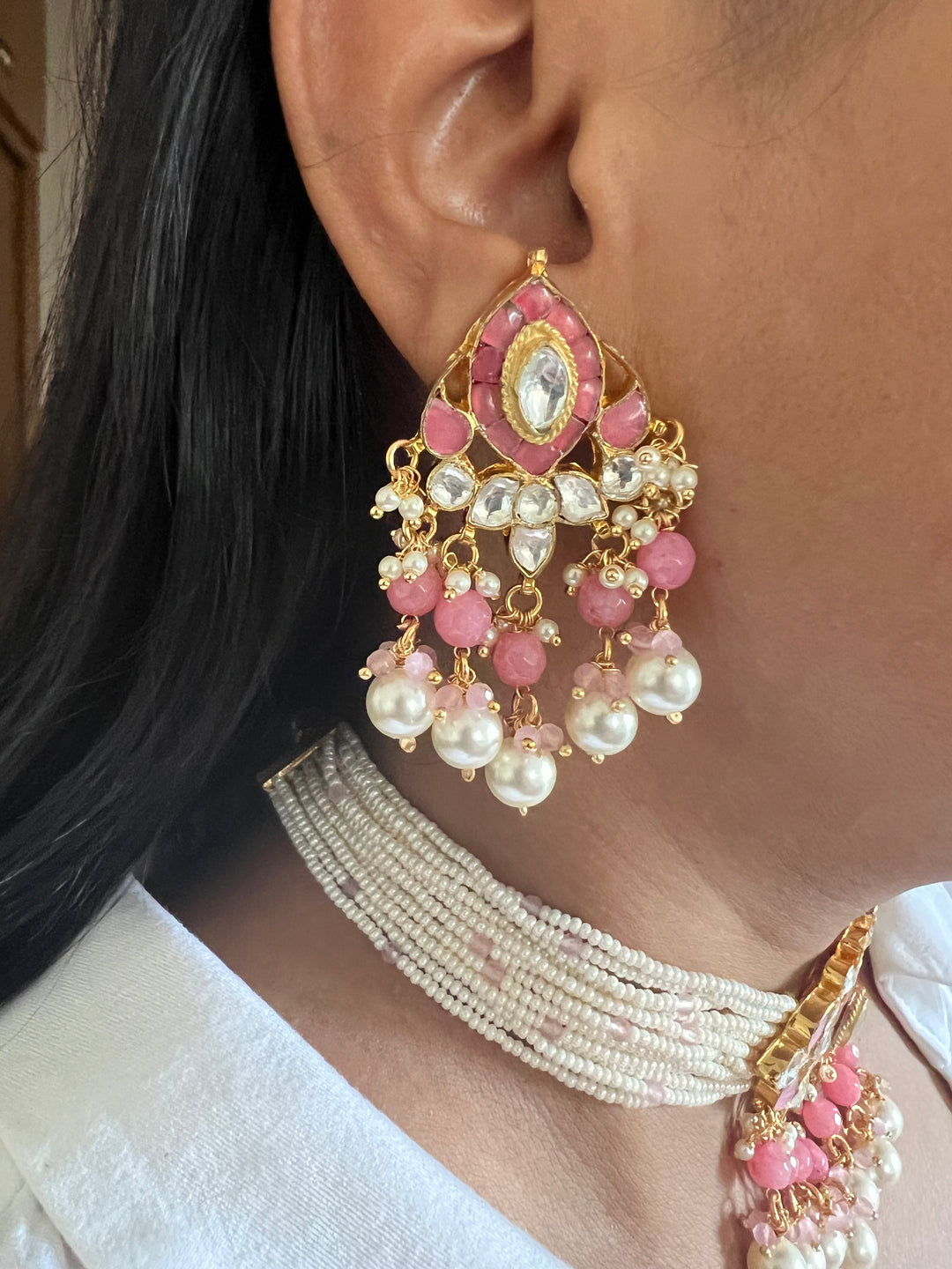 Pink Pearls Choker with Statement Earrings