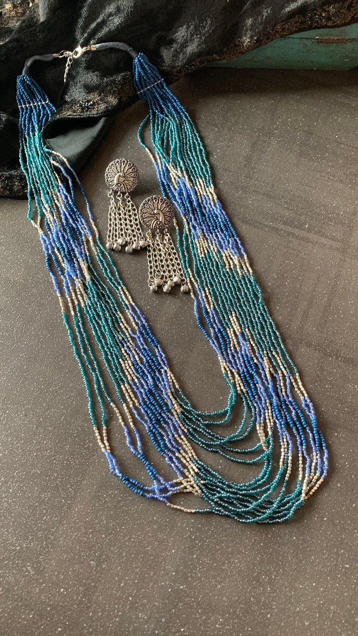 Maharani Blue Beaded Necklace with Statement Peacock Earrings - SHIVKA