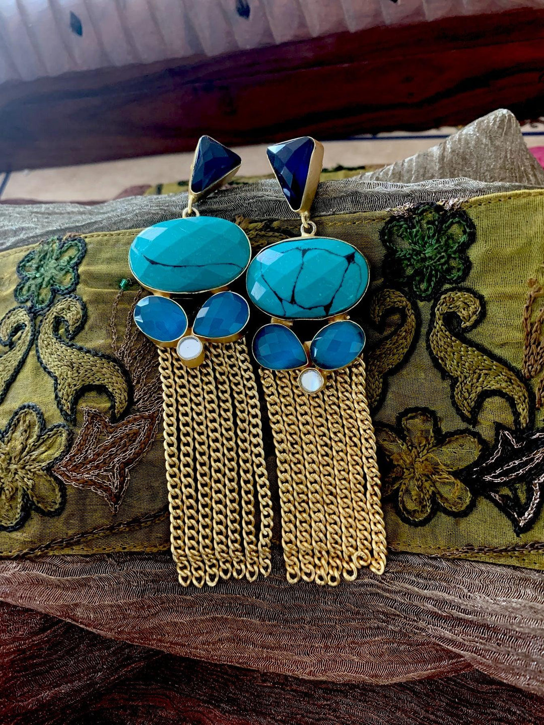 Turquoise Tasseled Danglers - SHIVKA