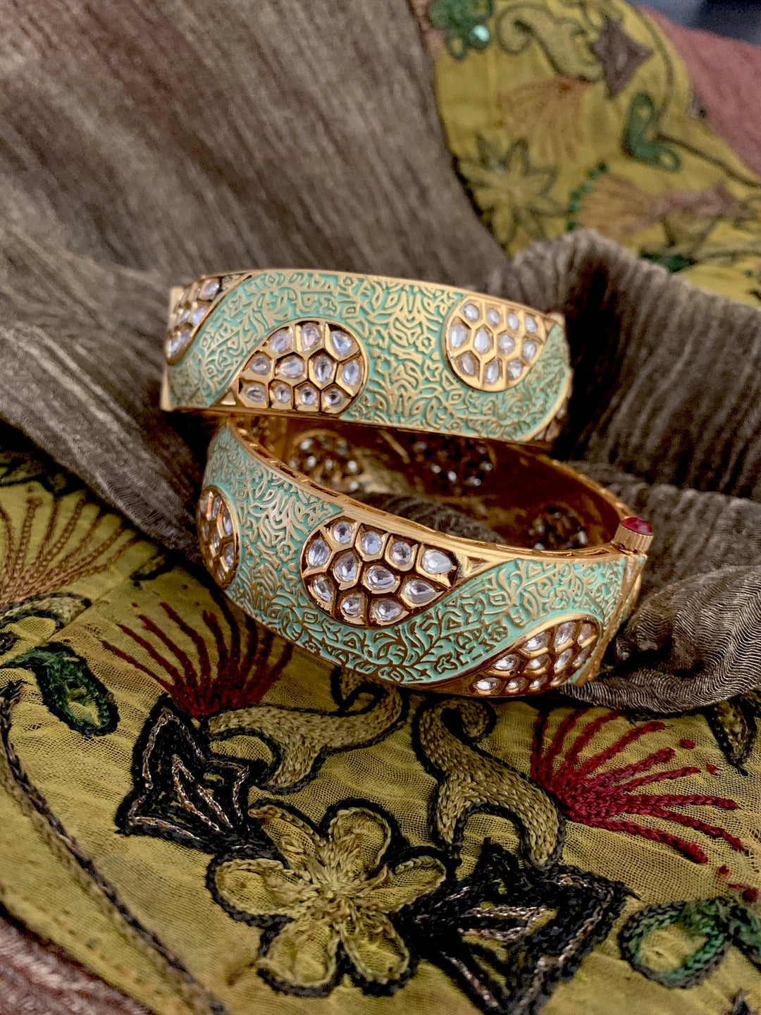 Elegant Mint Kundan Kadas- Set of 2