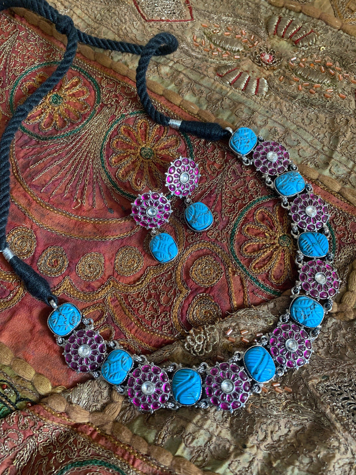 Pure 925 Silver Turquoise Kemp Necklace with Earrings - SHIVKA