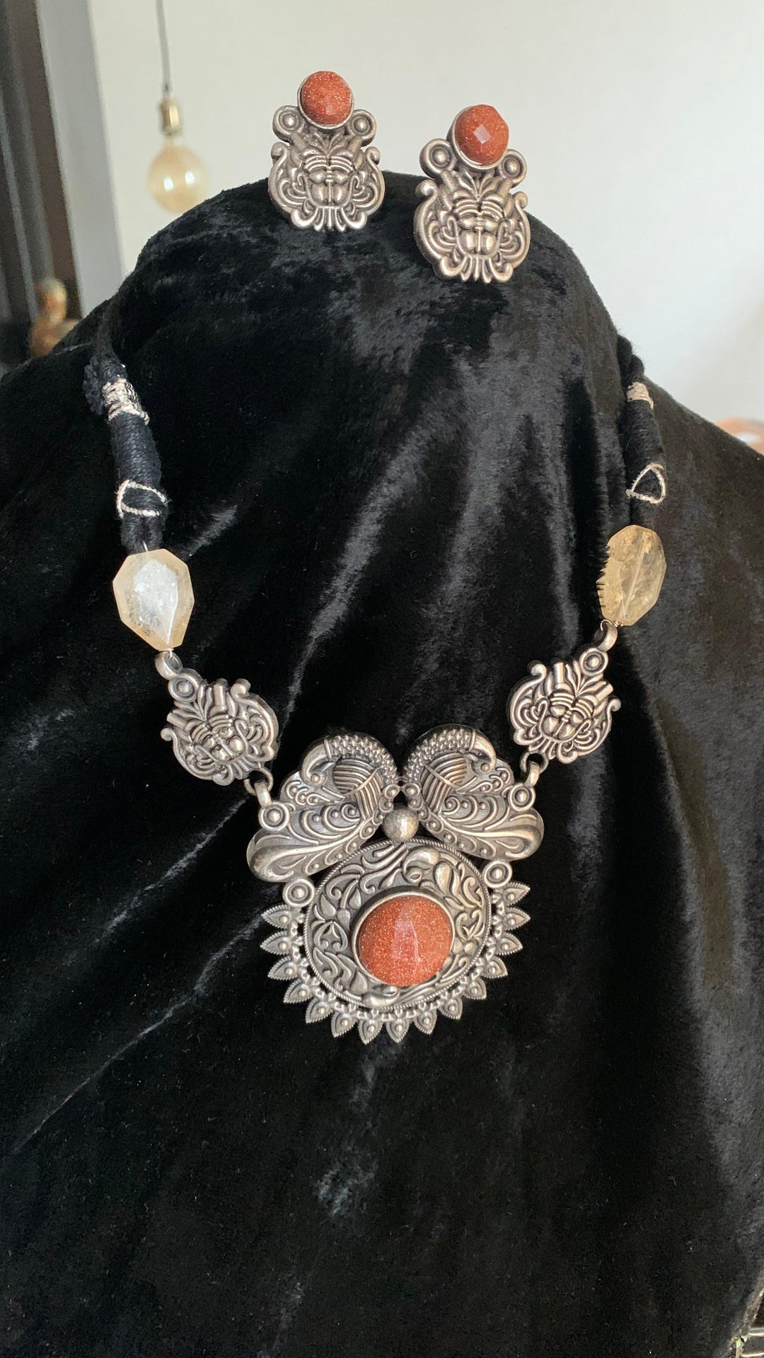 Vintage Carved Pendant Necklace with Studs - SHIVKA
