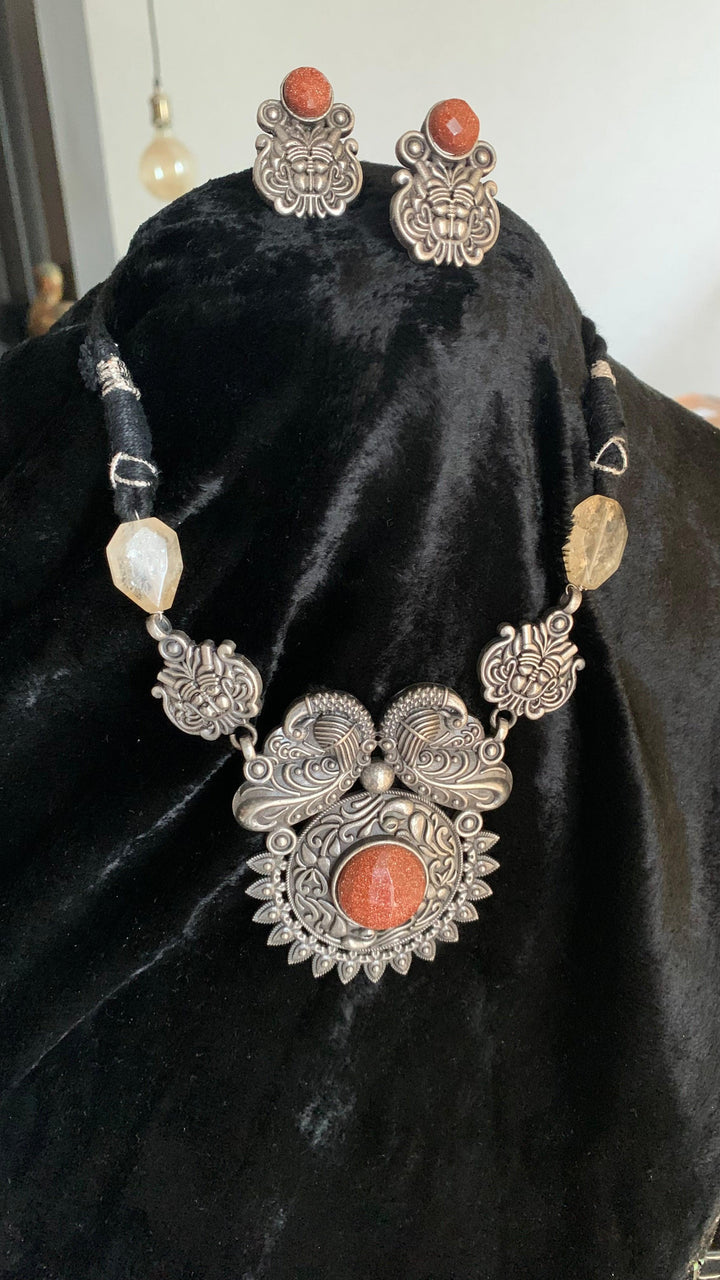 Vintage Carved Pendant Necklace with Studs - SHIVKA