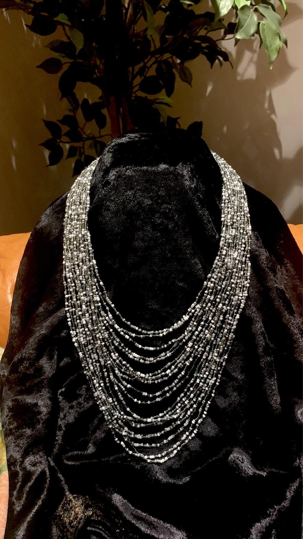 Grey Silver and White Beaded Necklace - SHIVKA