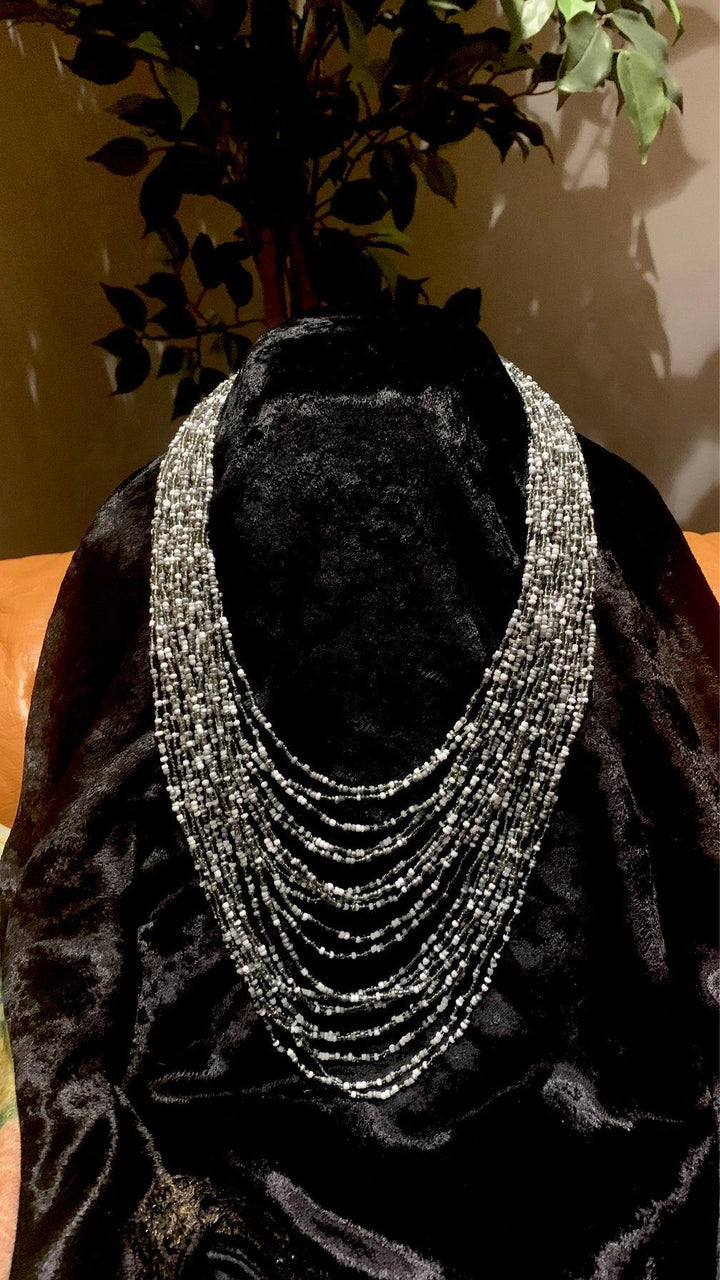 Grey Silver and White Beaded Necklace - SHIVKA
