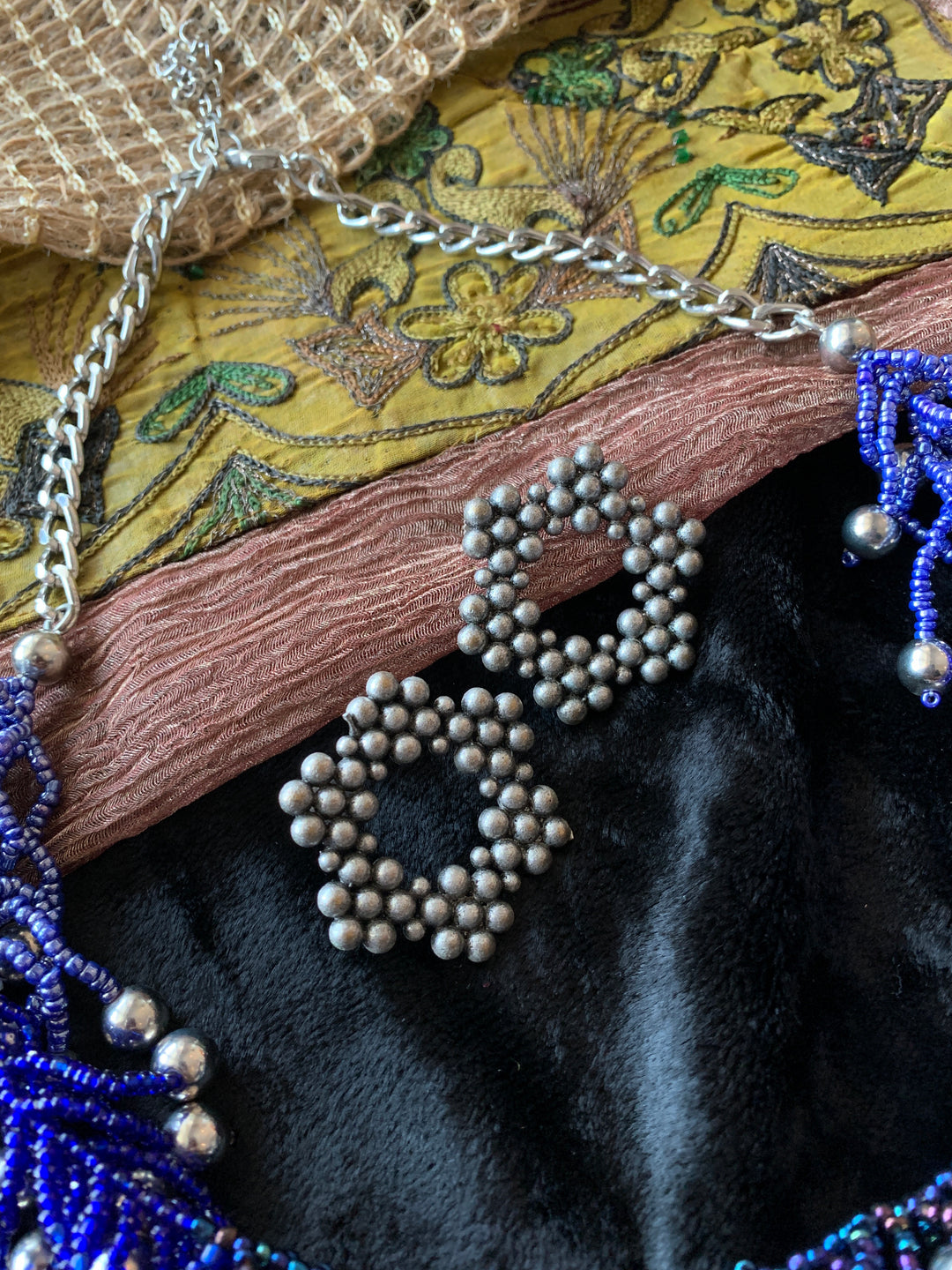 Blue and Silver Tasseled Necklace with Studs