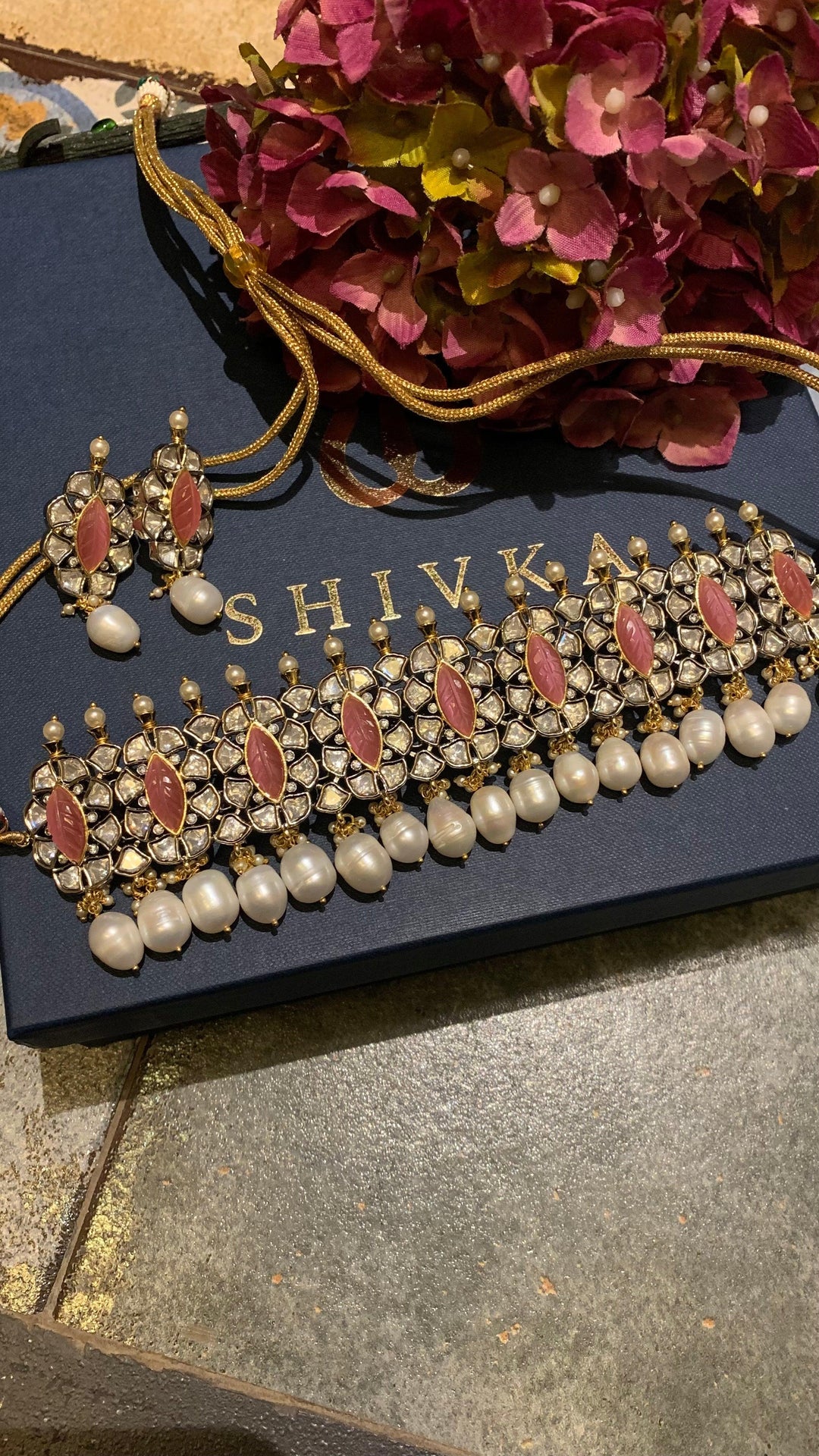 Scintillating Pink Kundan Choker with Earrings - SHIVKA