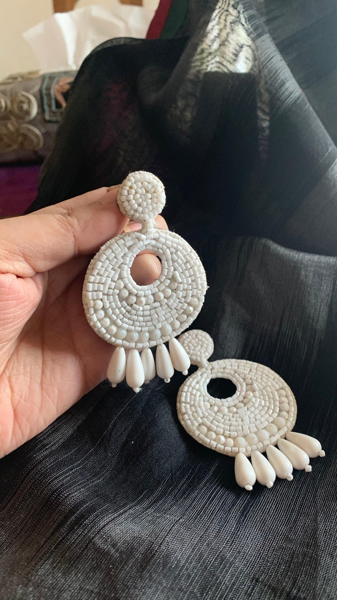 White Beaded Fabric Earrings - SHIVKA