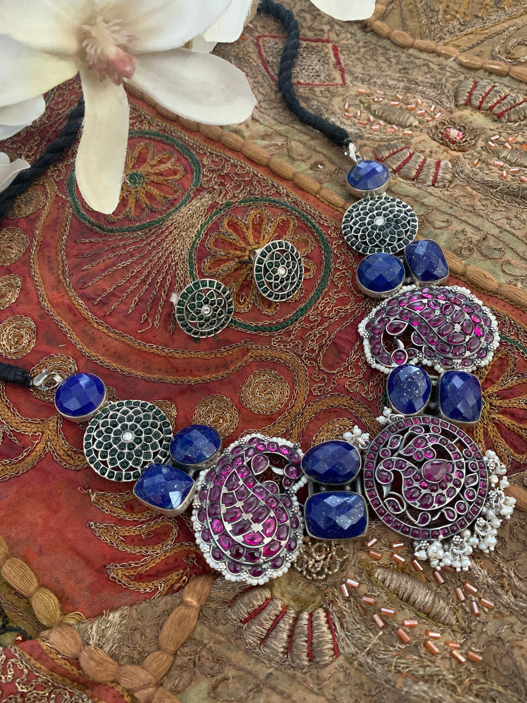 Pure 925 Silver Lapis Lazuli Kemp Necklace with Studs - SHIVKA