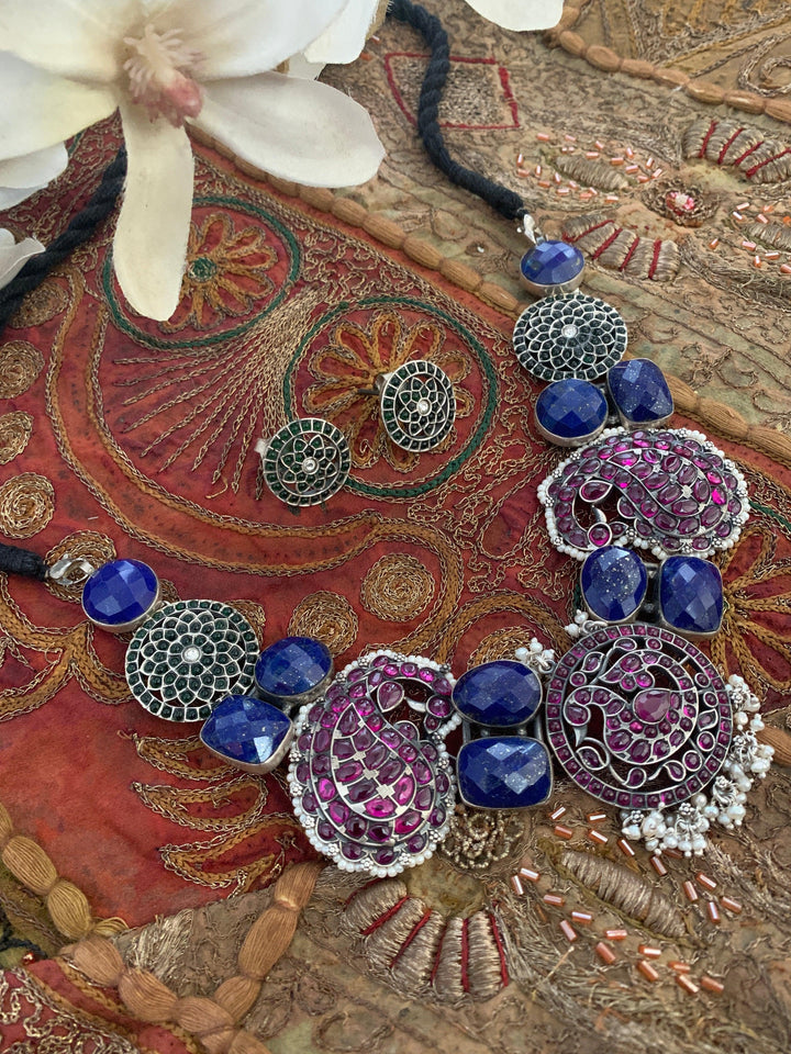 Pure 925 Silver Lapis Lazuli Kemp Necklace with Studs - SHIVKA