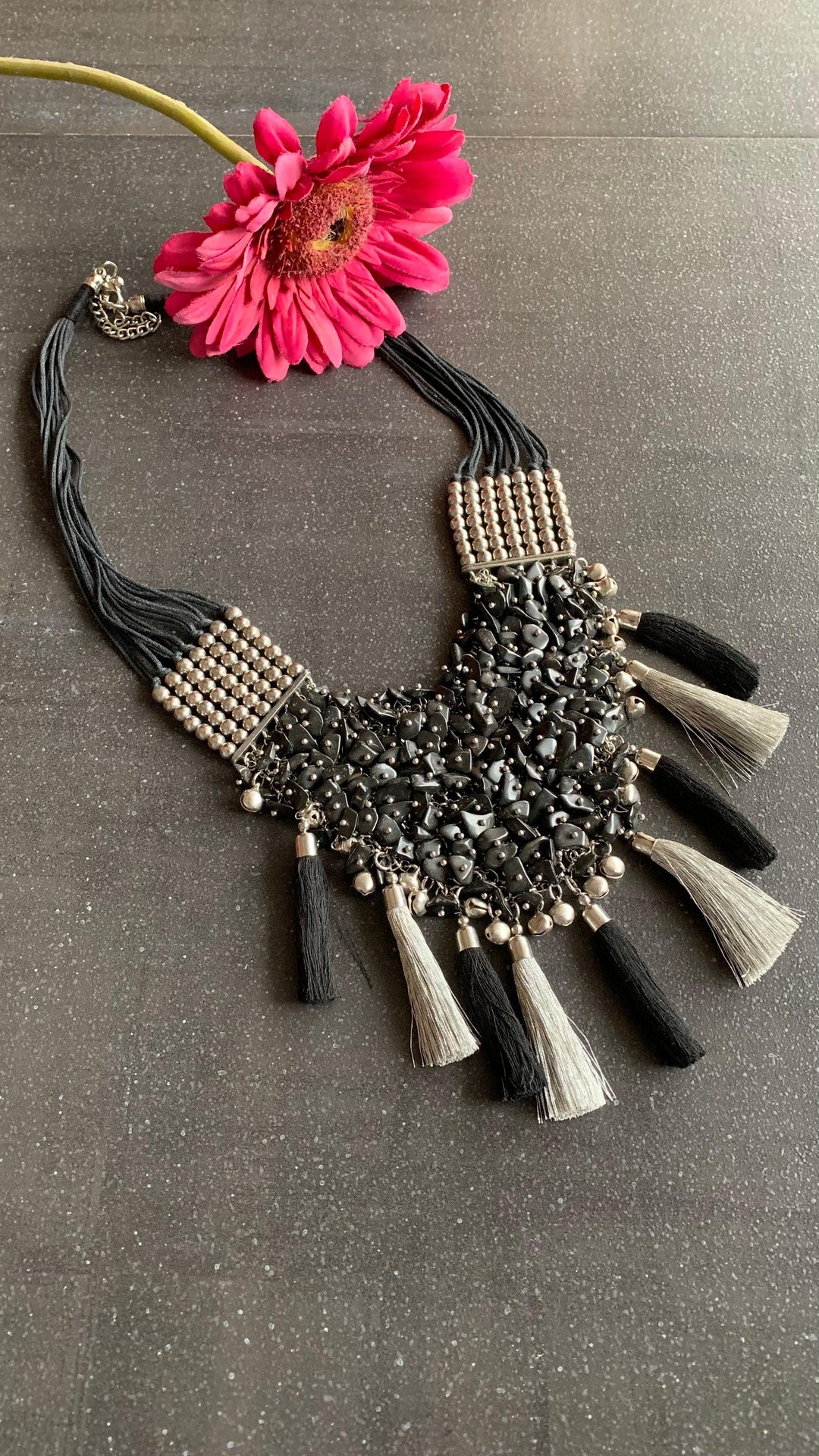 Silver and Black Designer beaded Necklace - SHIVKA
