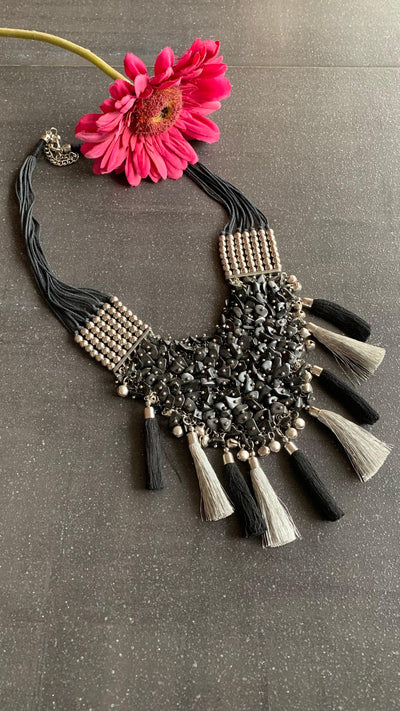 Silver and Black Designer beaded Necklace - SHIVKA