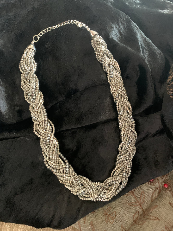 Criss Cross Silver Beaded Necklace