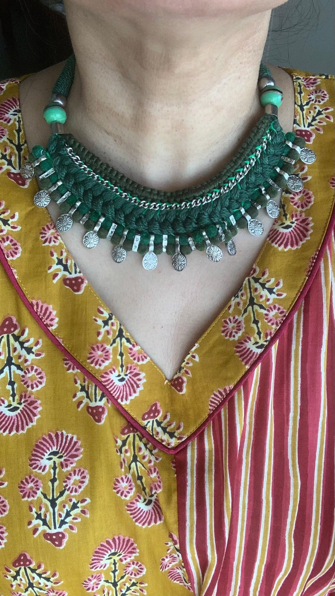 Tribal Green Thread Necklace - SHIVKA