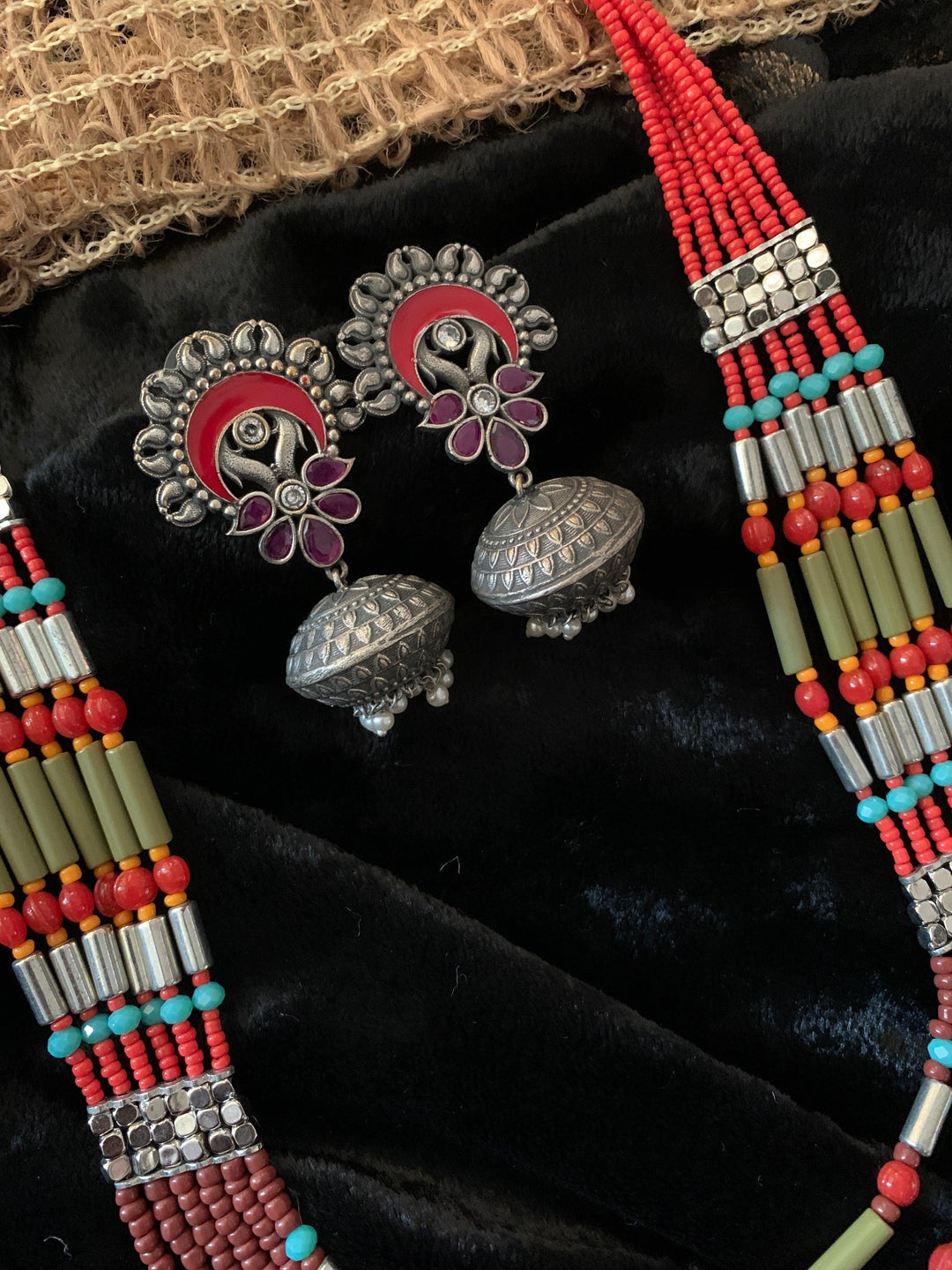 Trendy Coral Necklace with Enamelled Dome Jhumkas - SHIVKA