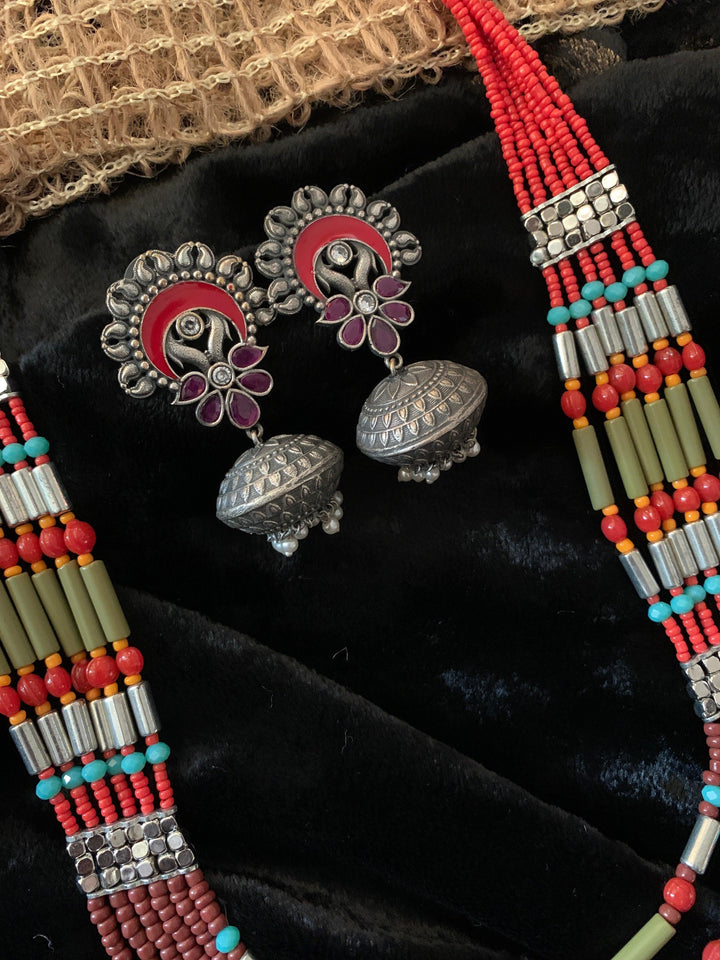 Trendy Coral Necklace with Enamelled Dome Jhumkas - SHIVKA