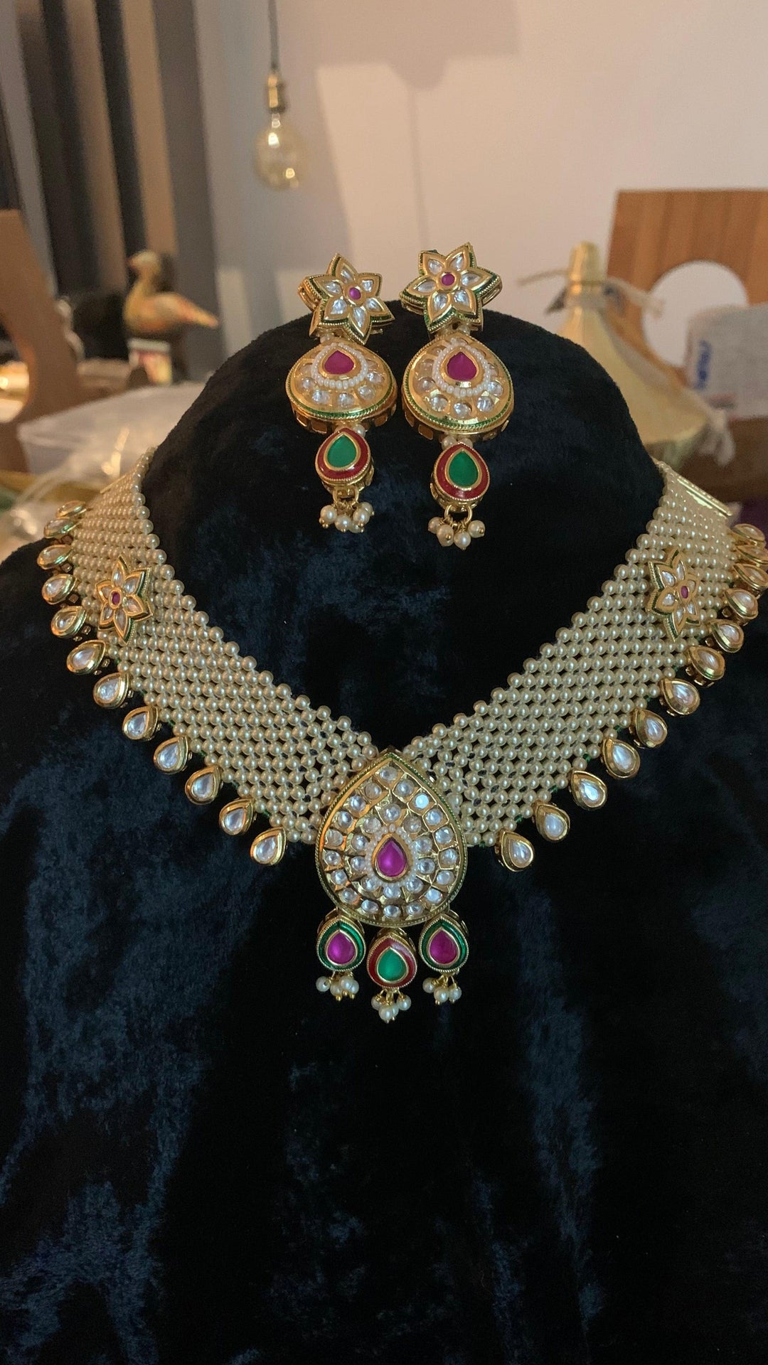 Pearl Mesh Kundan Choker with Earrings - SHIVKA