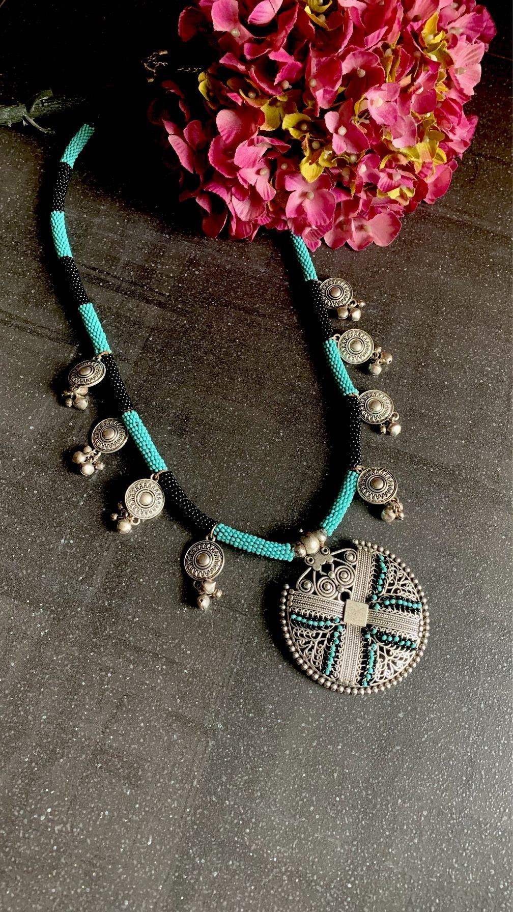 Turquoise and Black Tribal Pendant Long Necklace - SHIVKA