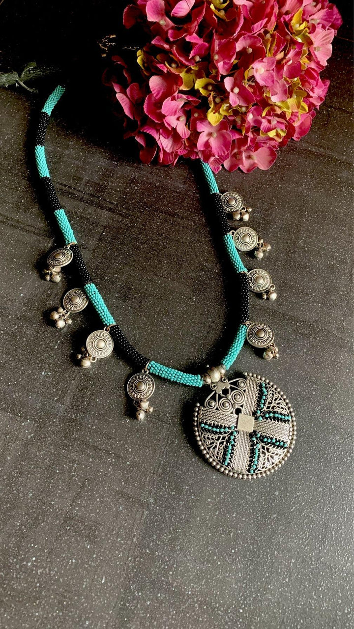 Turquoise and Black Tribal Pendant Long Necklace - SHIVKA