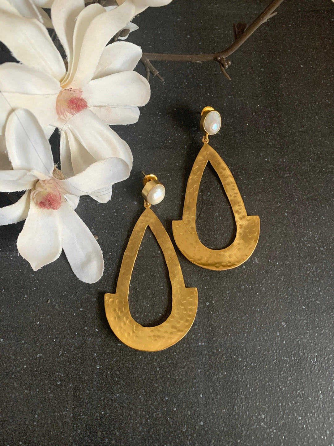 Statement Textured Gold Pearl Earrings - SHIVKA