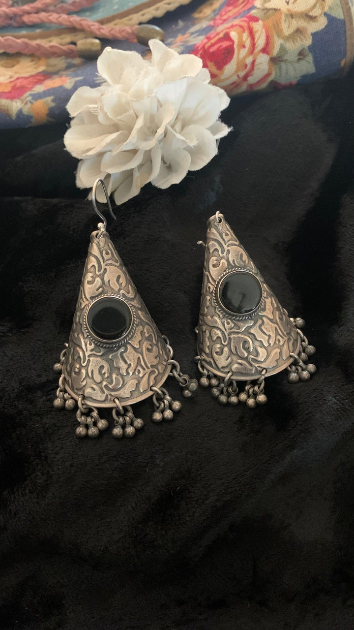 Vintage Pure 925 Silver Black Onyx Cone Earrings - SHIVKA