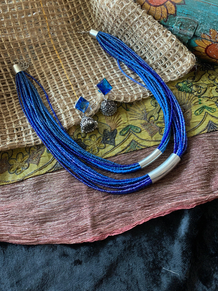 Royal Blue Ethnic Necklace with Antique Jhumkis - SHIVKA