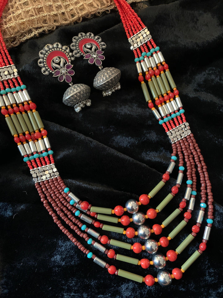 Trendy Coral Necklace with Enamelled Dome Jhumkas - SHIVKA