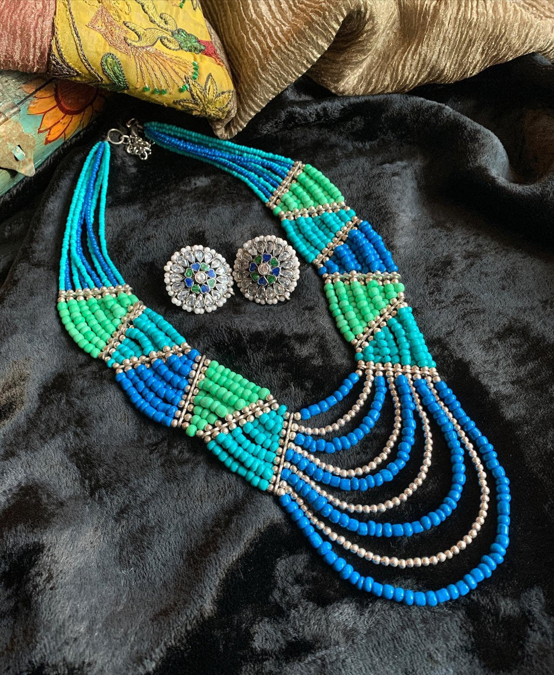 Statement Beaded Necklace with Enamelled Studs - SHIVKA