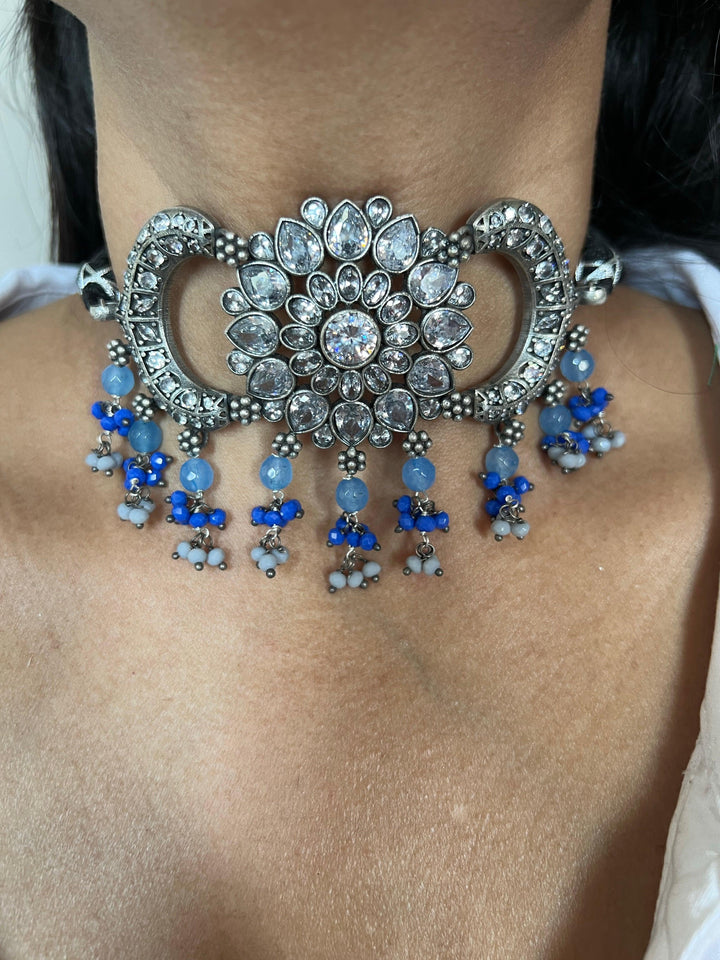 Vintage Zirconia Choker with Flower Stud Earrings - SHIVKA