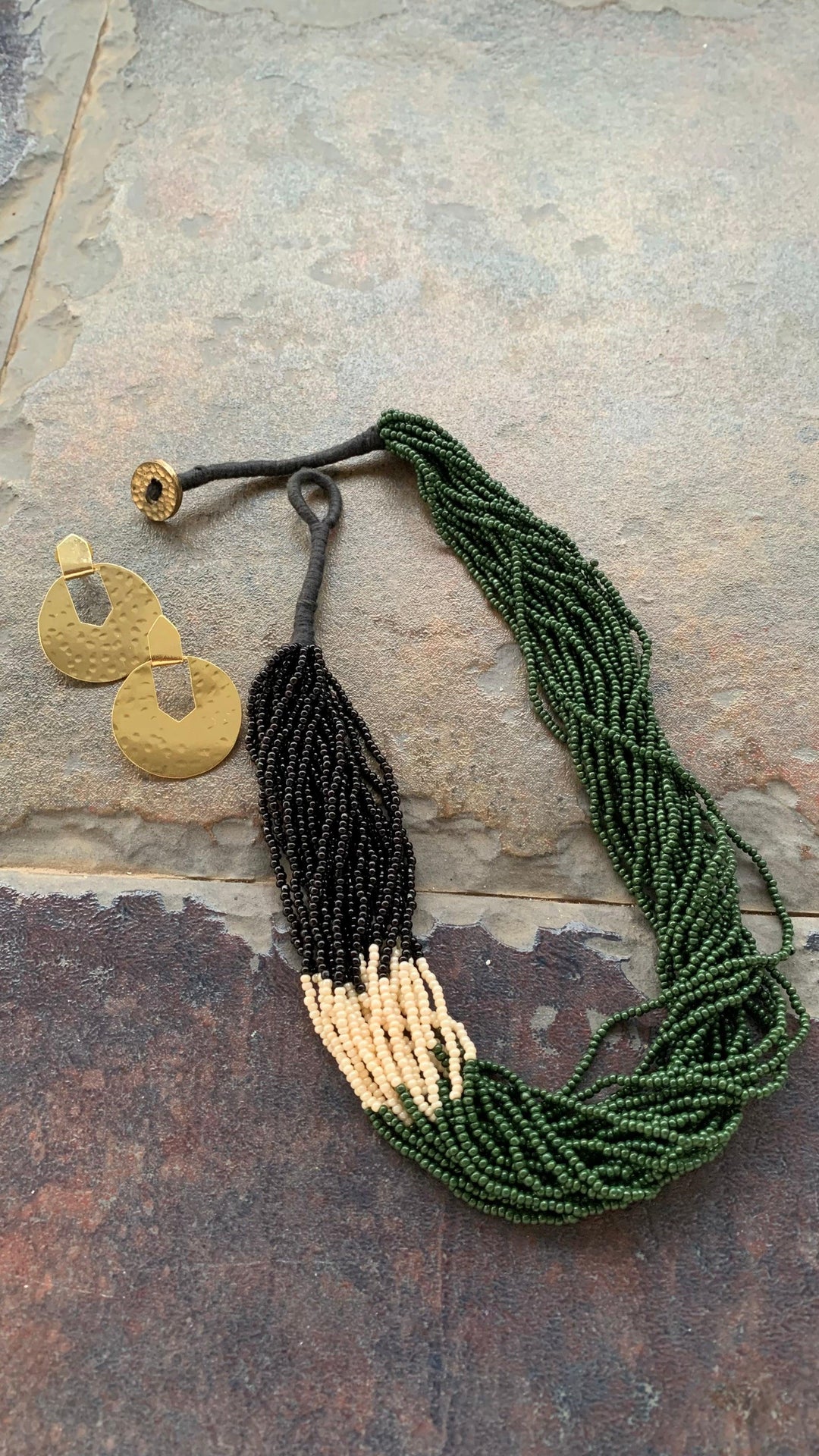 Stylish Green and Black Beaded Necklace with Statement Disc Studs - SHIVKA