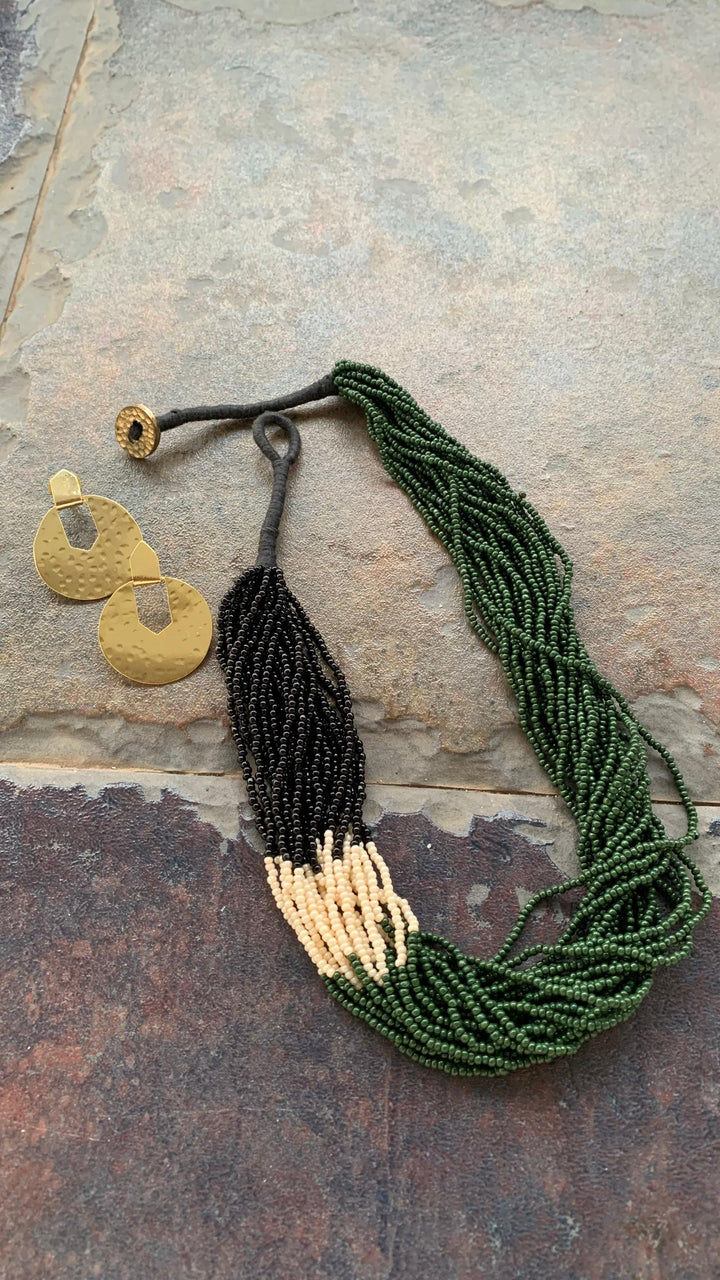 Stylish Green and Black Beaded Necklace with Statement Disc Studs - SHIVKA
