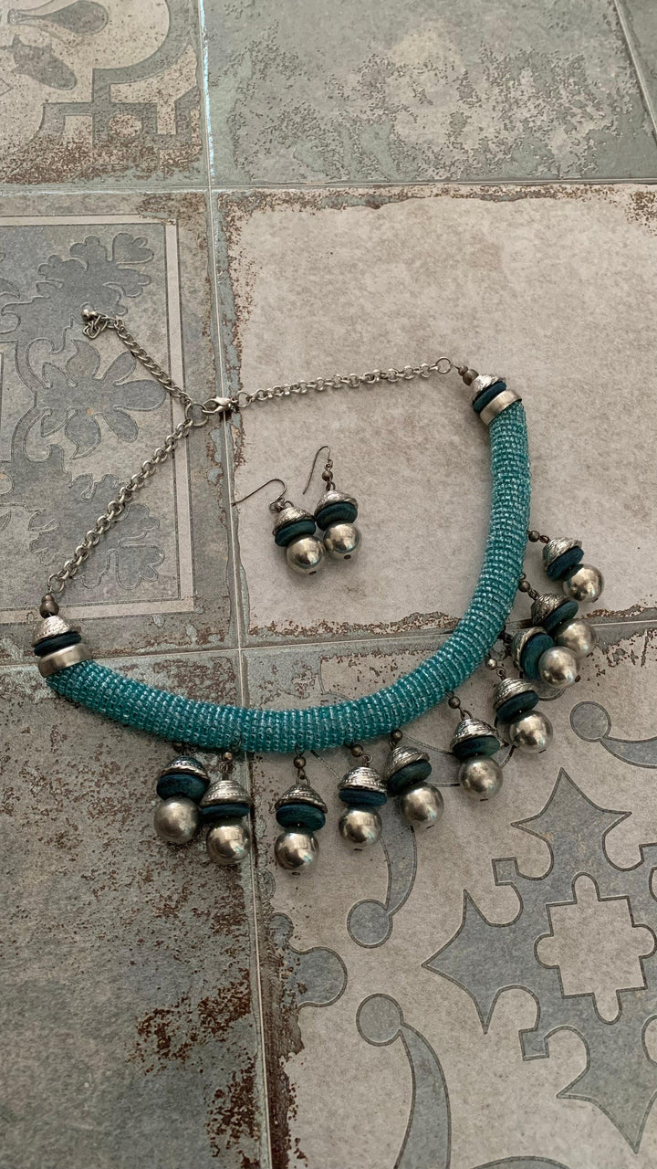 Statement blue Beads Tasseled Hasli Necklace with Earrings - SHIVKA