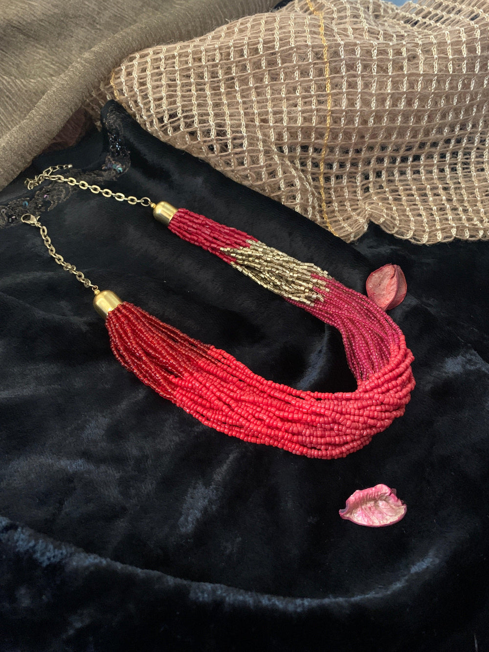 Statement Red Beaded Necklace - SHIVKA