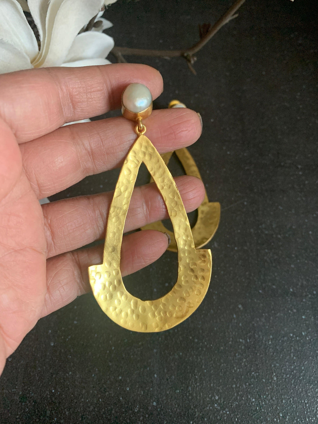 Statement Textured Gold Pearl Earrings - SHIVKA