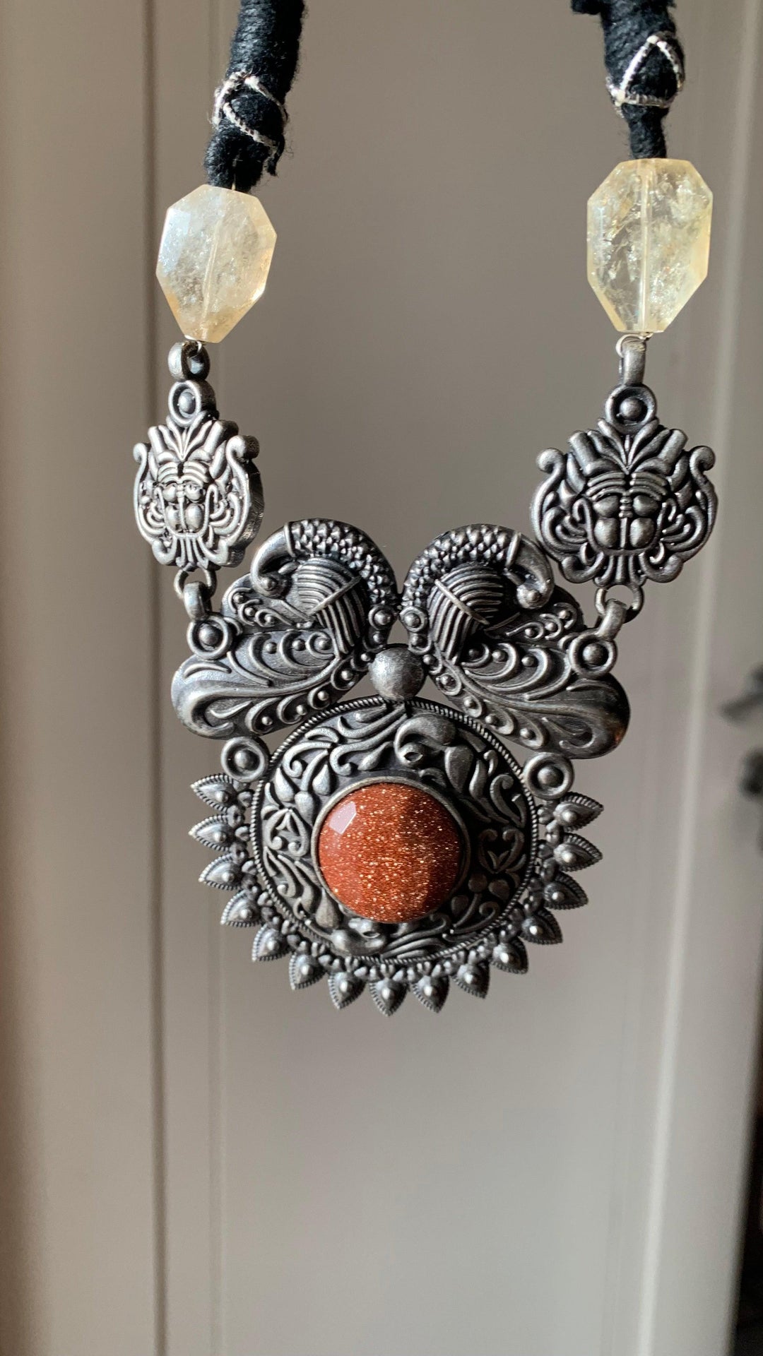 Vintage Carved Pendant Necklace with Studs - SHIVKA