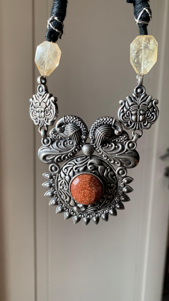 Vintage Carved Pendant Necklace with Studs - SHIVKA