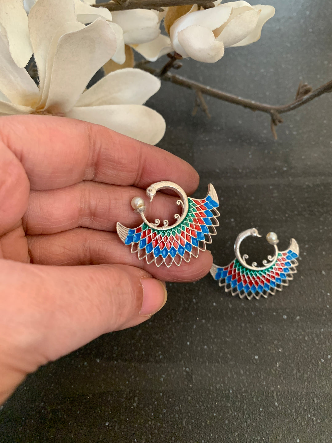 Enamelled Peacock Studs