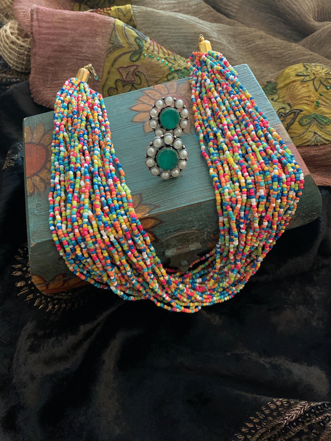 Multicoloured Statement Necklace with Gemstones Studs - SHIVKA